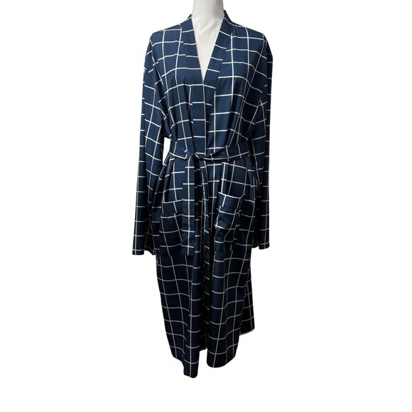 Navy & White Grid Print Long Sleeve Belted Unisex Robe XXL Lightweight By Shein - Picture 1 of 9